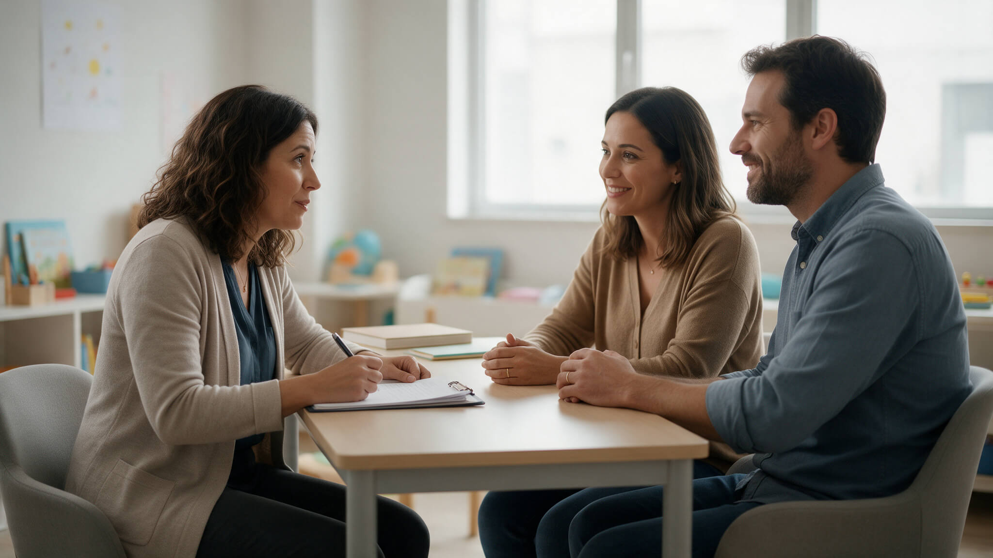 Psicopedagoga conduzindo entrevista com a família durante a anamnese